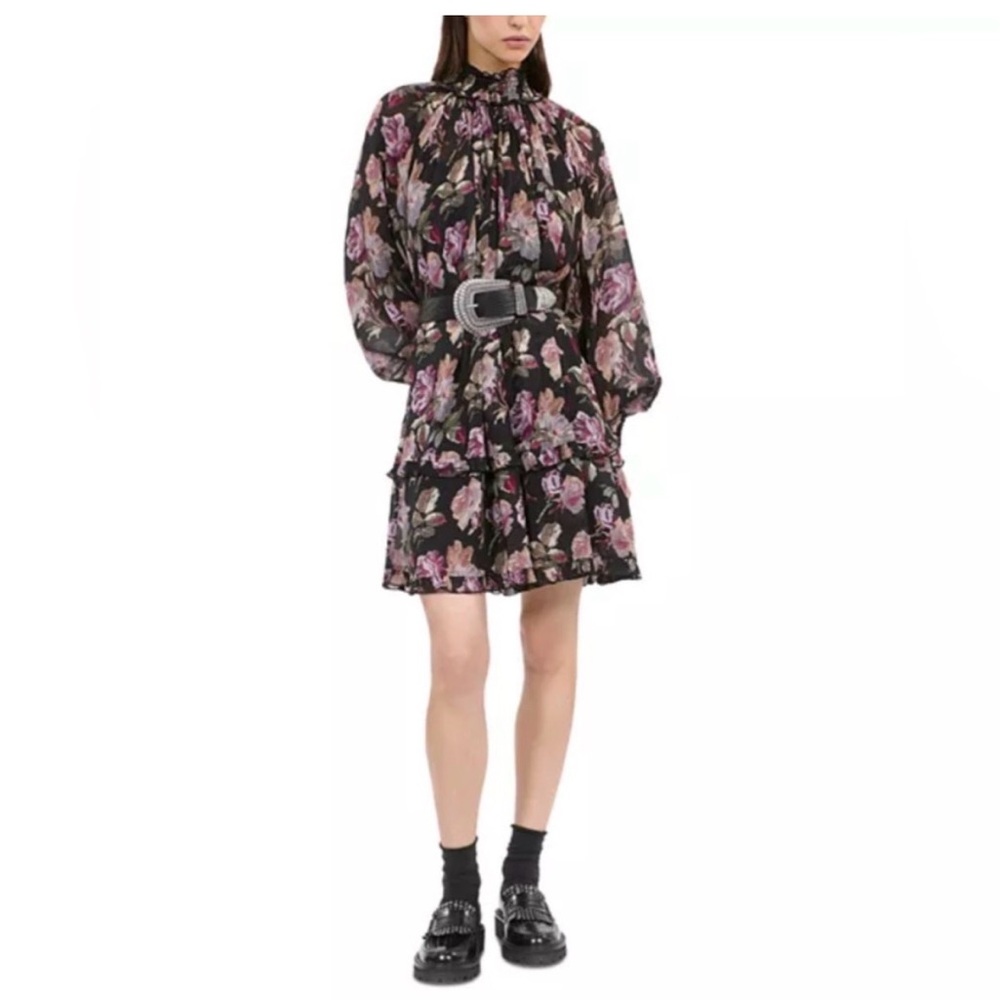 The Kooples English Roses Floral Smocked Neck Long Sleeve Mini Dress | M